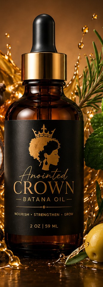 Anointed Crown Batana oil bottle surrounded by botanicals